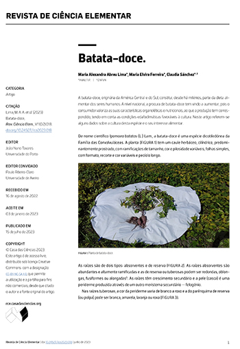 Lima, M.A.A., Ferreira, M.E., Sánchez, C. (2022). Batata-doce. Revista Ciência Elementar, V11(02):018.